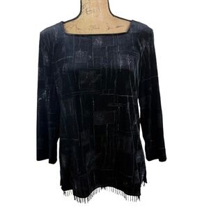 Vintage Caribou New York Velvet Fringe Trim‎ Blouse Black Witchy Size Large